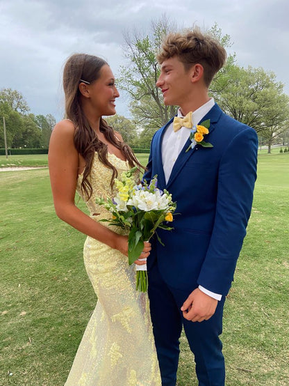Glitter Mermaid Low Collar Yellow Sequin Applique Slit Long Prom Dress,Evening Dress GG1094