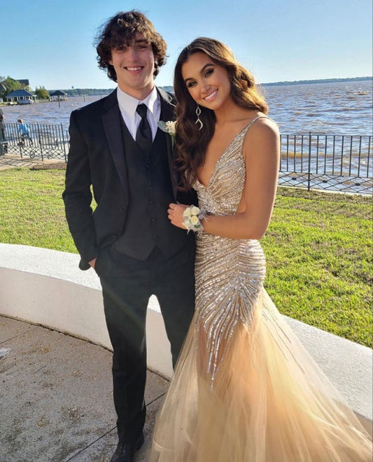 Shiny Mermaid Spaghetti Straps Beaded V Neck Champagne Hem Tulle Long Prom Dress,Evening Dress GG1097