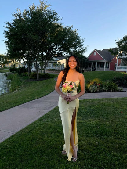 Sexy Mermaid Spaghetti Straps Pastel Yellow Satin Slit Long Prom Dress,Evening Dress GG1104