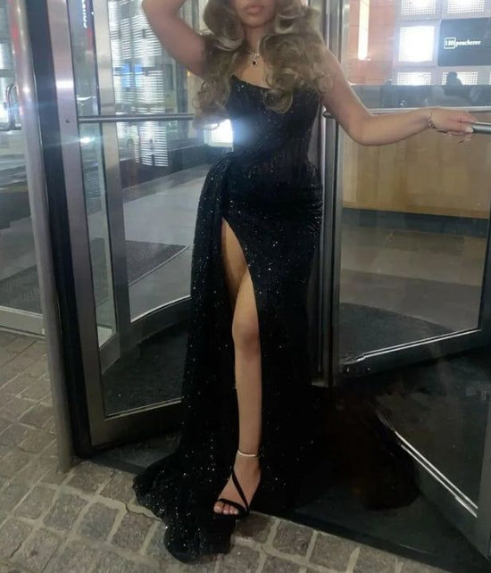 Glitter Mermaid Detachable Sleeves Black Girl Long Prom Dress,DP742 main image 1