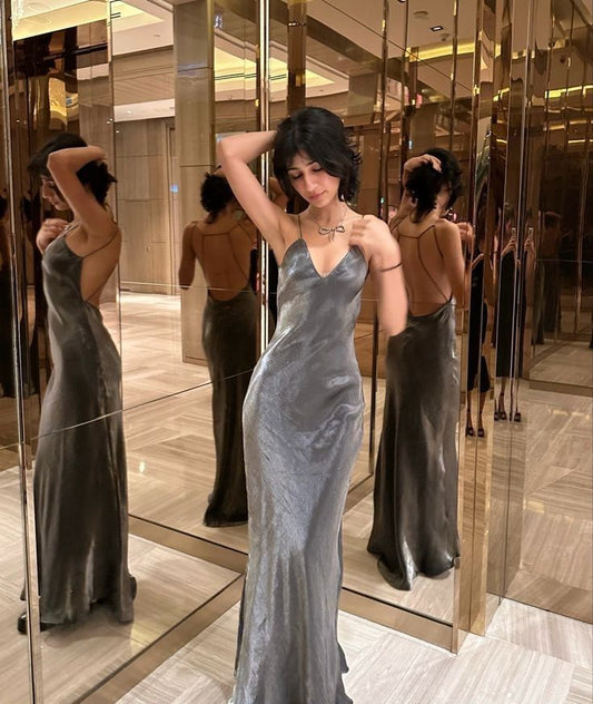 Glamour Mermaid Spaghetti Straps Gray Satin Backless Long Prom Dress,Evening Dress GG1149