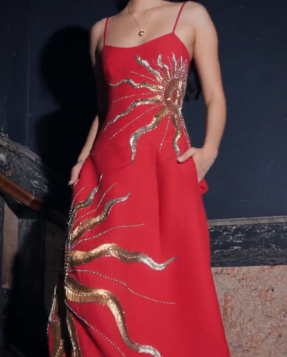 Chic A Line Spaghetti Straps Satin With Gold Embroidery Long Prom Dress,Evening Dress GG1154