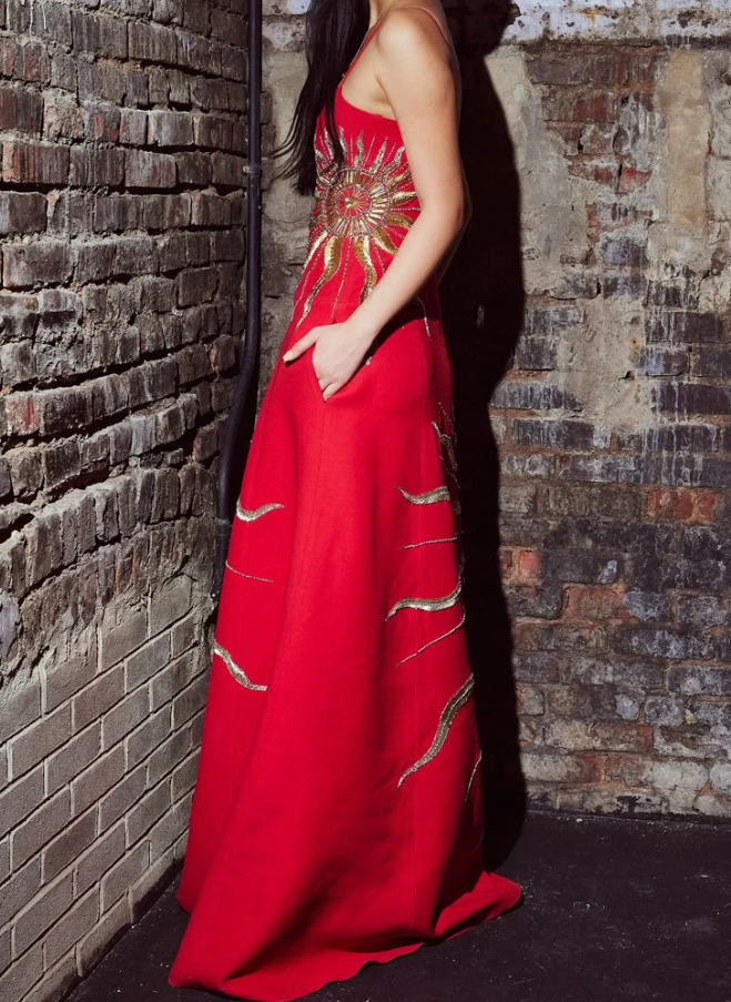 Chic A Line Spaghetti Straps Satin With Gold Embroidery Long Prom Dress,Evening Dress GG1154