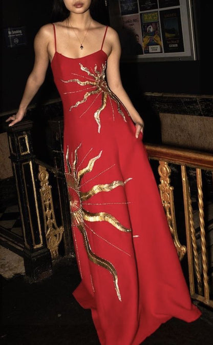 Chic A Line Spaghetti Straps Satin With Gold Embroidery Long Prom Dress,Evening Dress GG1154