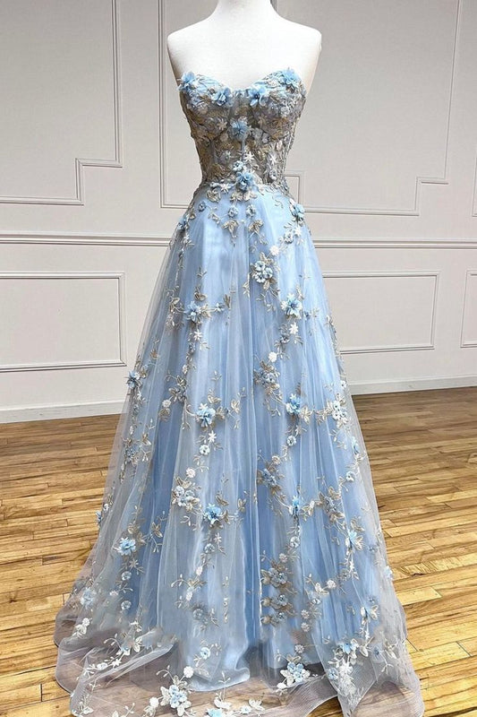 New Exquisite A Line Sweetheart Blue Applique Tulle Long Prom Dresses, Evening Dress GG117