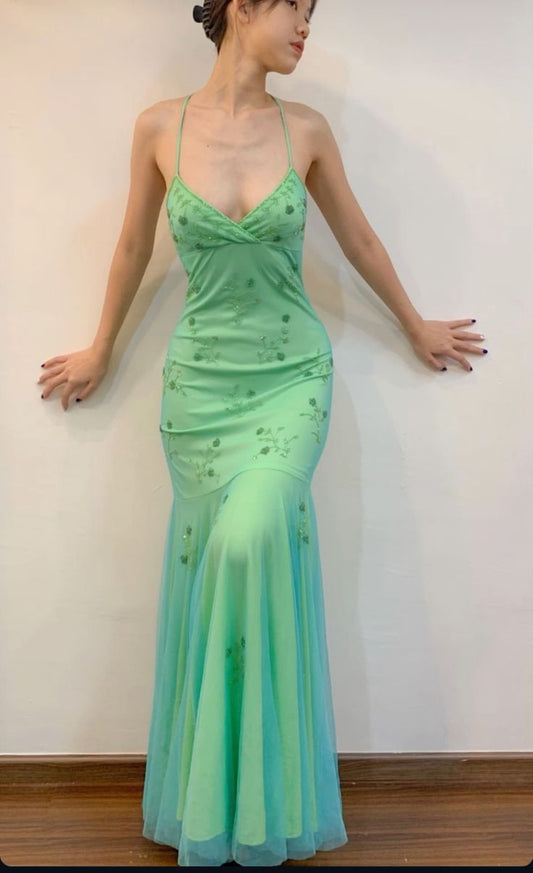 Fresh Mermaid Halter Spaghetti Straps Tulle Applique Long Prom Dress,Evening Dress GG1173