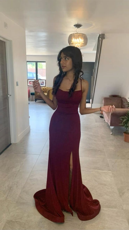 Glamorous Mermaid Spaghetti Straps Burgundy Satin Slit Long Prom Dress,Evening Dress GG1192