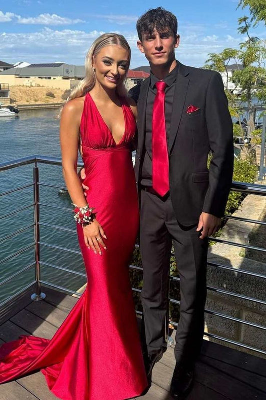 Sexy Mermaid Halter V Neck Burgundy Satin Long Prom Dress,Evening Dress GG1202