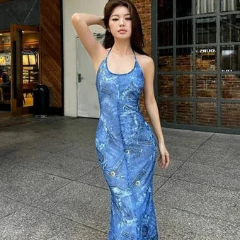 Sexy Mermaid Halter Straps Printing Satin Long Prom Dress,Evening Dress GG1220