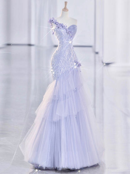 Gorgeous Mermaid One Shoulder Sweetheart Lilac Tulle Sequin Long Prom Dress,Evening Dress GG1223