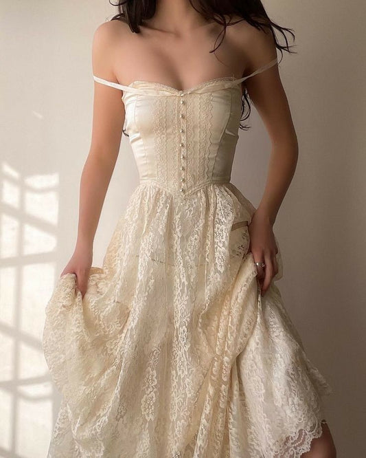 Glamorous A Line Spaghetti Straps Off White Lace Long Prom Dress,Evening Dress GG1253