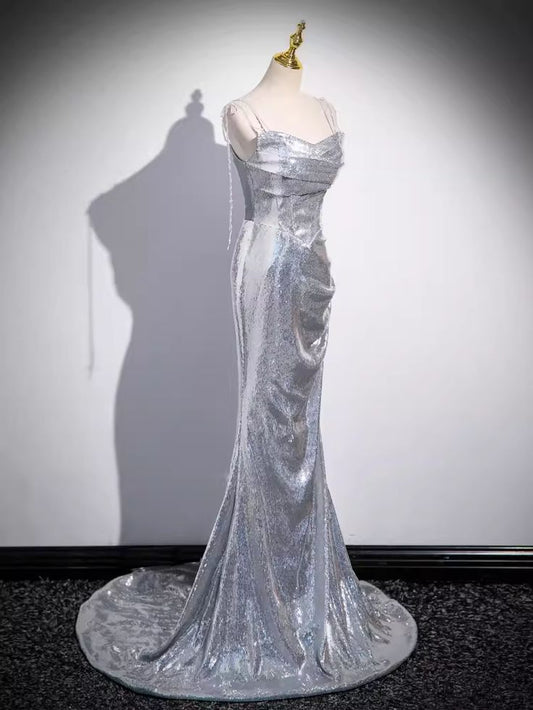 Shiny Mermaid Spaghetti Straps Silver Sequin Long Prom Dress,Evening Dresses GG128
