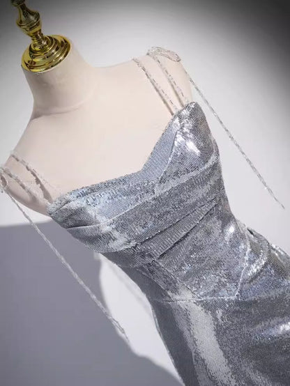 Shiny Mermaid Spaghetti Straps Silver Sequin Long Prom Dress,Evening Dresses GG128