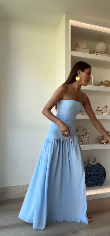 Cute A Line Strapless Pale Blue Chiffon Slit Long Prom Dress,Evening Dress GG1299