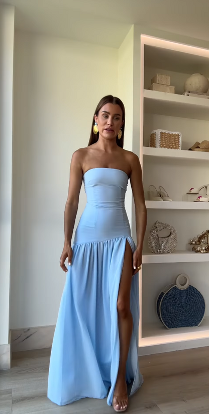 Cute A Line Strapless Pale Blue Chiffon Slit Long Prom Dress,Evening Dress GG1299