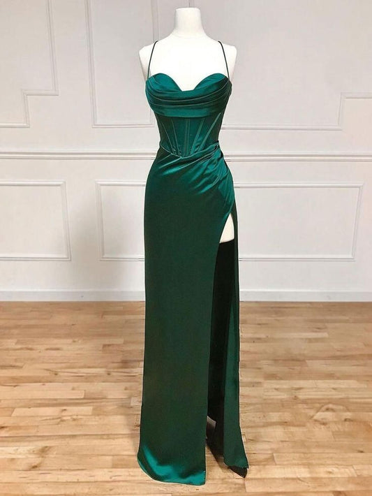 Sexy Mermaid Halter Straps Dark Green Satin Slit Long Prom Dress,Evening Dress GG1313