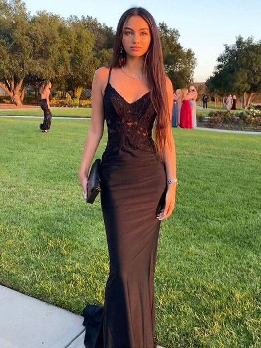 Glamorous Mermaid Spaghetti Straps Lace Black Satin Long Prom Dress,Evening Dress GG1323