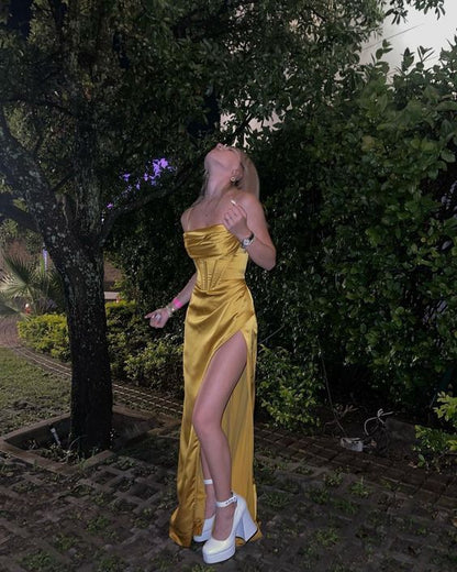 Elegant Mermaid Spaghetti Straps Yellow Satin Pleated Slit Long Prom Dress,Evening Dress GG1326