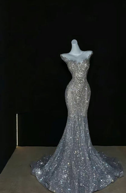 Sparkly Mermaid Off The Shoulder Tulle Sequin Long Prom Dress,Evening Dress GG1330