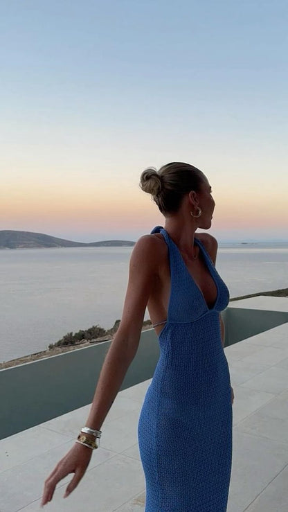Charming Mermaid Halter V Neck Blue Polyester Slit Backless Long Prom Dress,Evening Dress GG1336