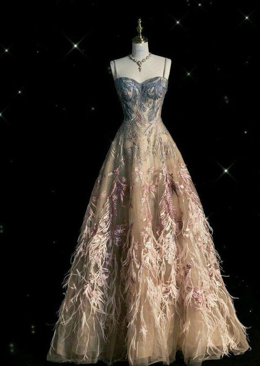 Glamorous A Line Spaghetti Straps Tulle Applique Feather Long Prom Dress,Evening Dress GG1346
