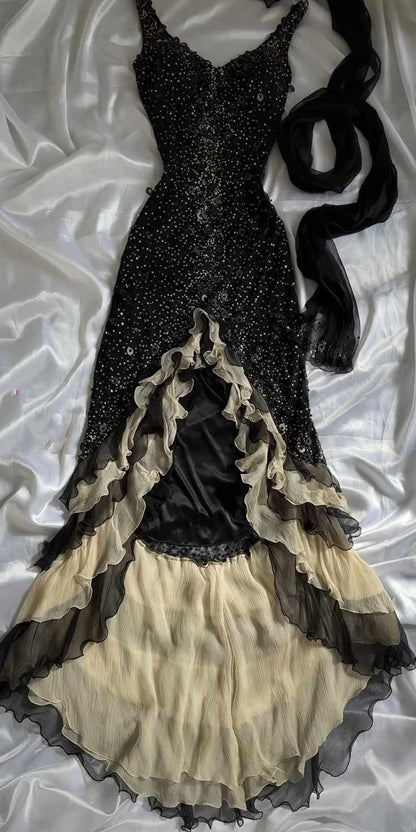 Shiny A Line Black Tulle Ruffle Sequin Beaded Irregular Hem Long Prom Dress,Evening Dress GG1351