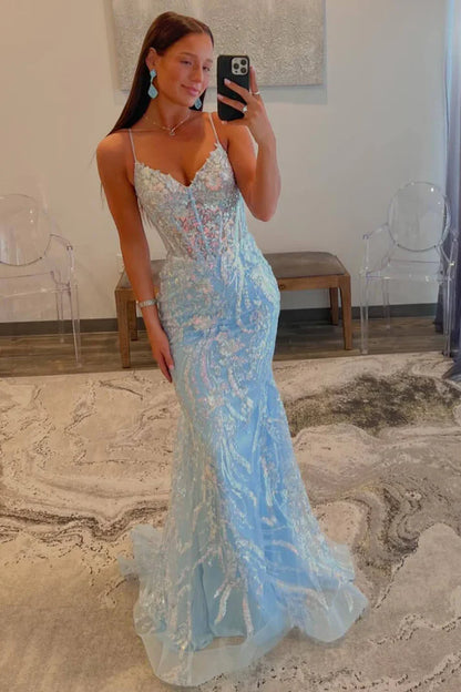 Glamorous Mermaid Spaghetti Straps Light Blue Satin Sequin Applique Long Prom Dress,Evening Dress GG1415