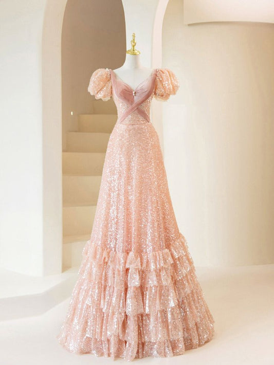 Exquisite A Line Sweetheart With Short Bubble Sleeves Sequins Long Prom Dress, Evening Dresses GG145