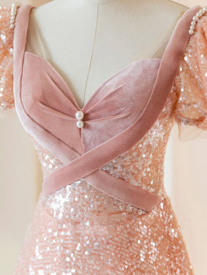 Exquisite A Line Sweetheart With Short Bubble Sleeves Sequins Long Prom Dress, Evening Dresses GG145