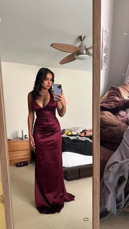 Elegant Mermaid V Neck Satin Slit Long Prom Dress,Evening Dress GG1452