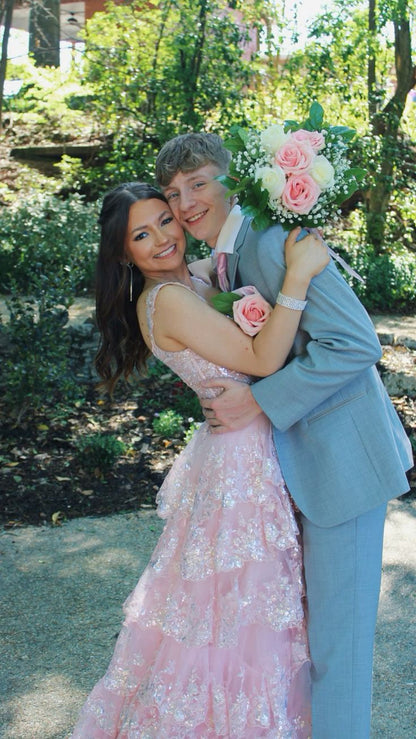 Shiny A Line Off The Shoulder Sweetheart Pink Tulle Sequin Tiered Long Prom Dress,Evening Dress GG1463