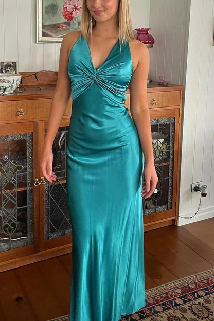 Elegant Mermaid V Neck Satin Pleated Backless Long Prom Dress,Evening Dress GG1478