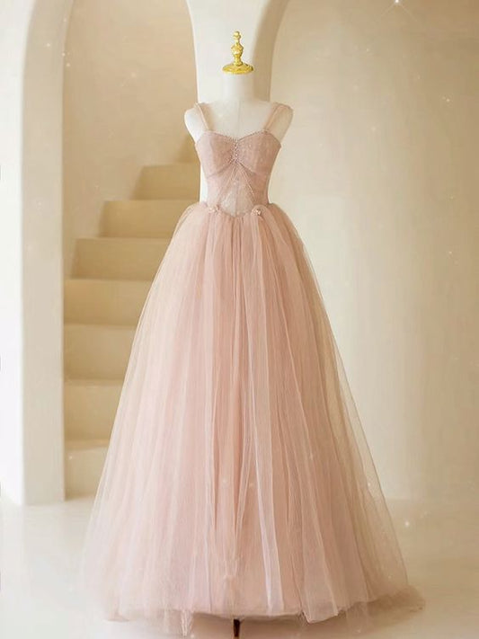 Elegant A Line Sweetheart  Spaghetti Straps Pink Tulle Long Formal Dress ,Evening Dresses GG149