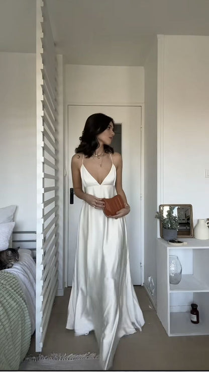 Elegant A Line Spaghetti Straps White Satin Long Prom Dress,Evening Dress GG1526