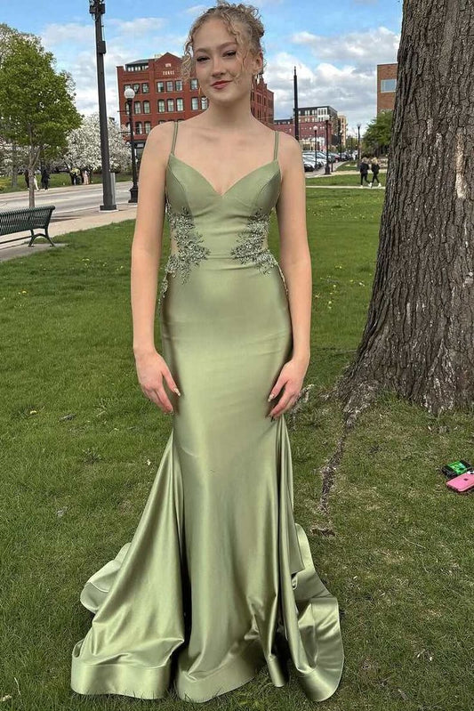 Elegant Mermaid Spaghetti Straps V Neck Satin Applique Long Prom Dress,Evening Dress GG1529