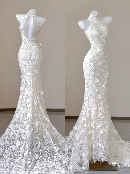Pretty Mermaid Halter White Lace Applique Long Prom Dress,Evening Dress GG1539