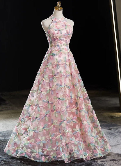 Delicate A Line Pink Halter Lace Applique Floor Length Long Prom Dress, Pink Lace Evening Dresses GG156