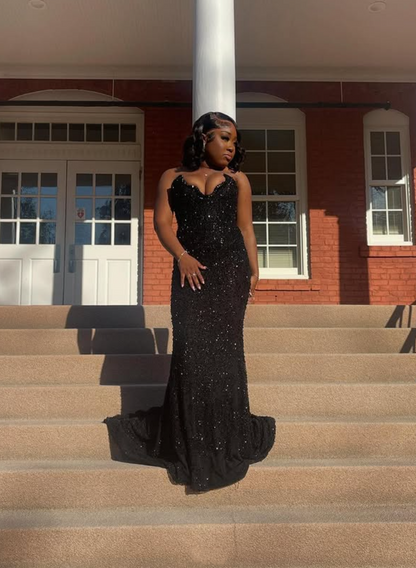 Sparkly Mermaid Strapless Black Satin Sequin Long Prom Dress,Evening Dress GG1590