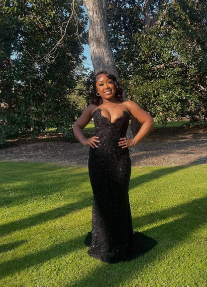 Sparkly Mermaid Strapless Black Satin Sequin Long Prom Dress,Evening Dress GG1590