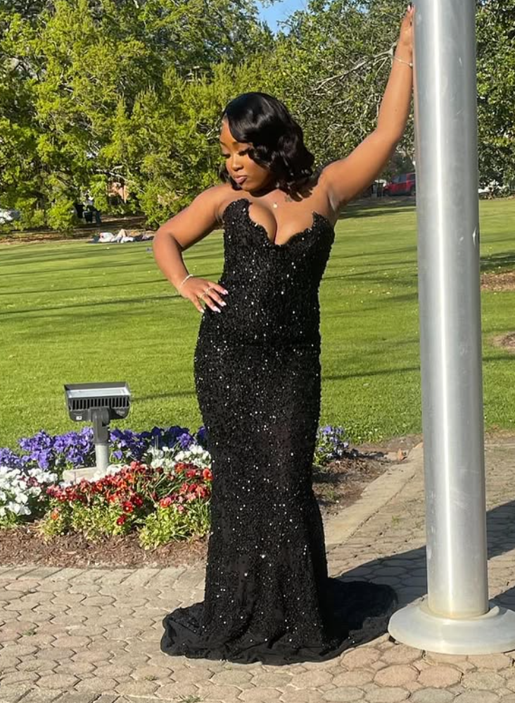 Sparkly Mermaid Strapless Black Satin Sequin Long Prom Dress,Evening Dress GG1590