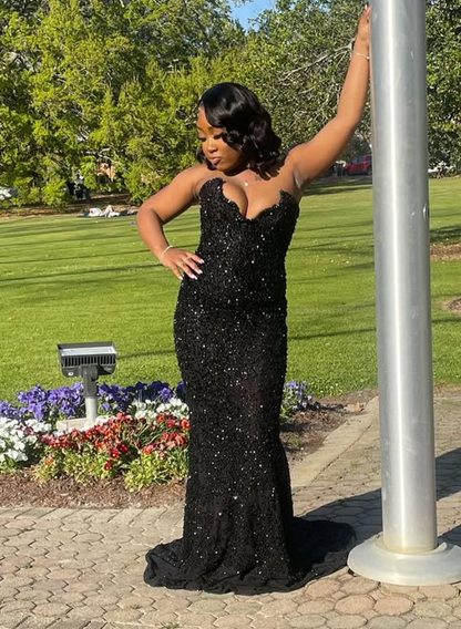 Sparkly Mermaid Strapless Black Satin Sequin Long Prom Dress,Evening Dress GG1590