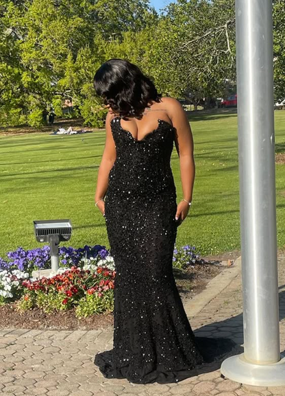 Sparkly Mermaid Strapless Black Satin Sequin Long Prom Dress,Evening Dress GG1590