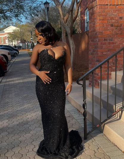 Sparkly Mermaid Strapless Black Satin Sequin Long Prom Dress,Evening Dress GG1590