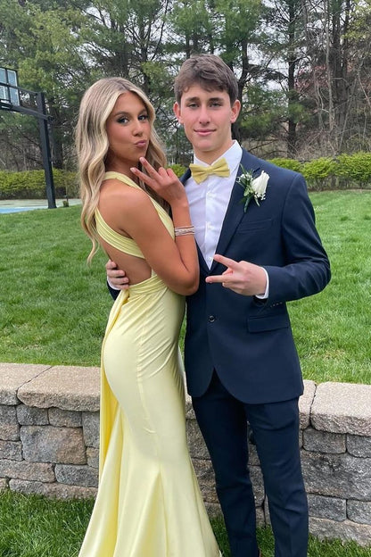 Elegant Mermaid Halter V Neck Pastel Yellow Satin Long Prom Dress,Evening Dress GG1594