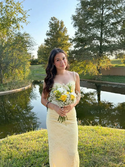 Sweet Mermaid Floral Straps Pastel Yellow Satin Lace Long Prom Dress,Evening Dress GG1619