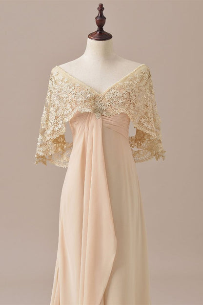 Elegant A Line Champagne Ruffles Chiffon Lace Cape Long Prom Dress,Evening Dresses GG162
