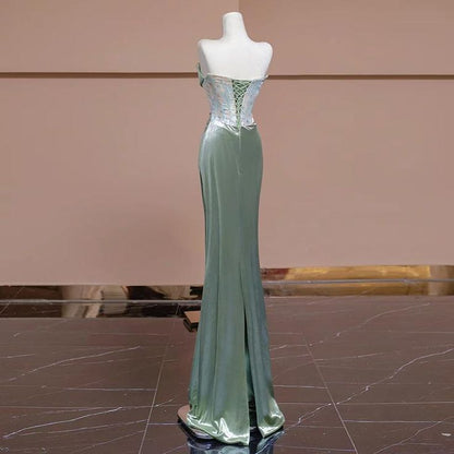 Glamorous Mermaid Strapless Velvet Pleated Long Prom Dress,Evening Dress GG1628