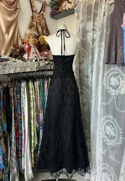 Charming A Line Halter Black Lace Ruffles Pleated Long Prom Dress,Evening Dress GG1645