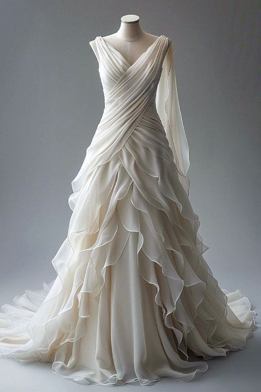 Elegant A Line V Neckline Light Ivory Chiffon Pleated Ruffles Long Prom Dress,Evening Dress GG1647