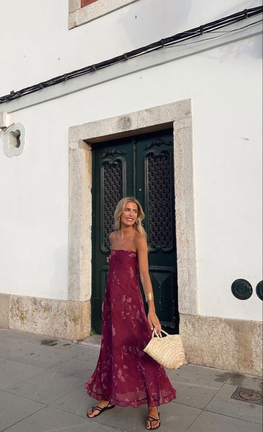 Chic A Line Strapless Burgundy Chiffon Printing Long Prom Dress,Evening Dress GG1659